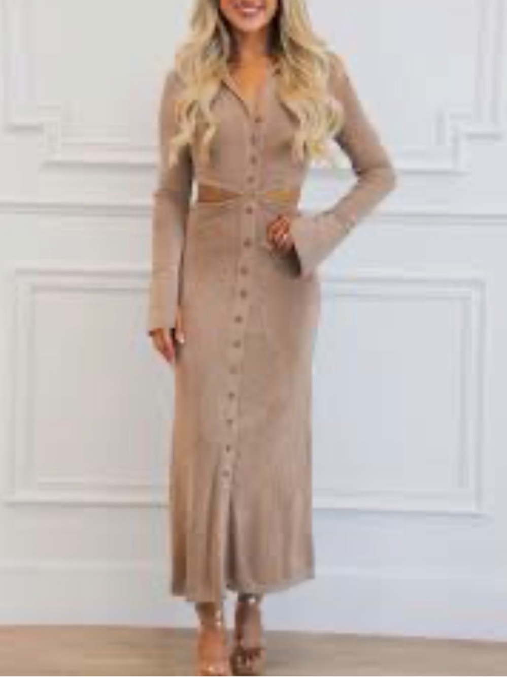 Mable Taupe Long Sleeve Button Front Cut-Out Shirt Dress Size Small